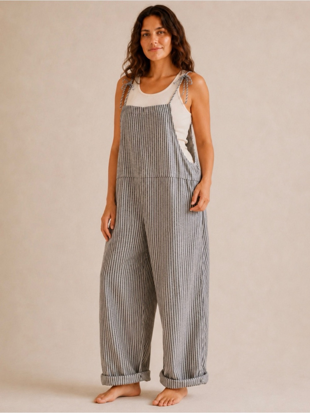 Linen Cotton Striped Tie Strap Overalls Wide Leg Slouchy 2XL Jumpsuit